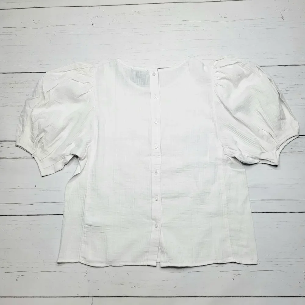 J Crew Short Puff Sleeve Back Button White Cotton Top Cotton Minimalist Medium